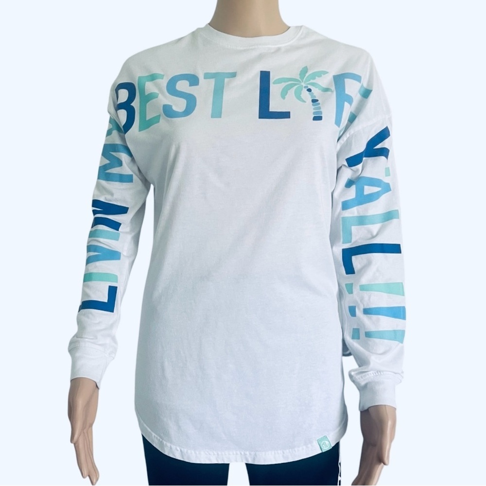MarleyLilly casual white graphic top shirt XS long sleeve 
round neck logo